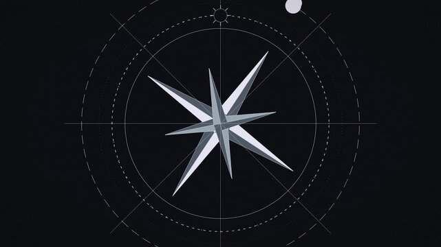 Compass rose rotating with light particles in dark studio creating directional guidance concept
