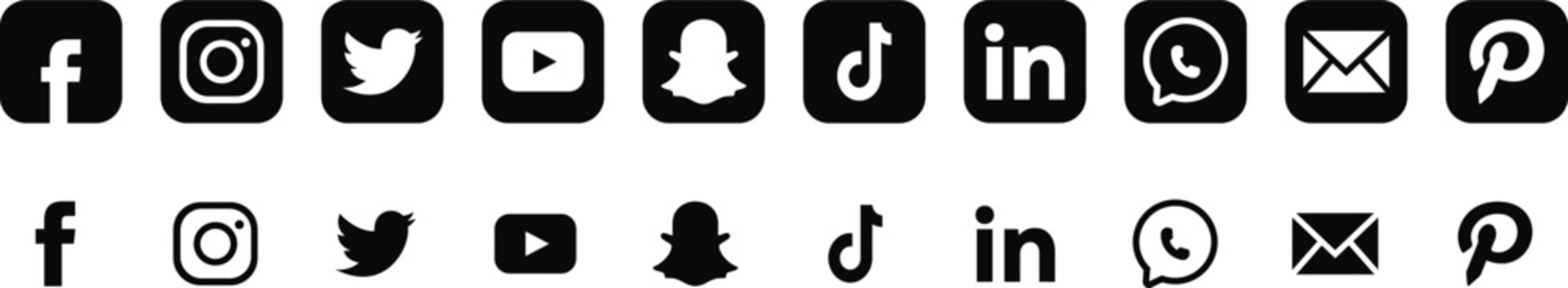 Set of black social media icons including facebook instagram twitter youtube snapchat tiktok linkedin whatsapp email and pinterest logos
