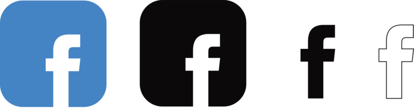 Set of facebook social media logo icons in various styles including blue square, black square, solid black, and line art outline versions