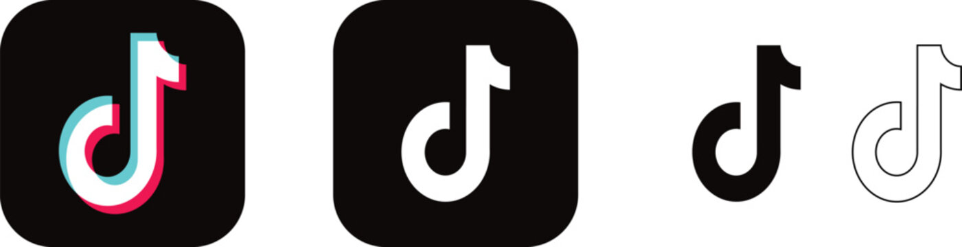 Set of four tiktok social media logos in different styles including color and black and white versions isolated on a white background