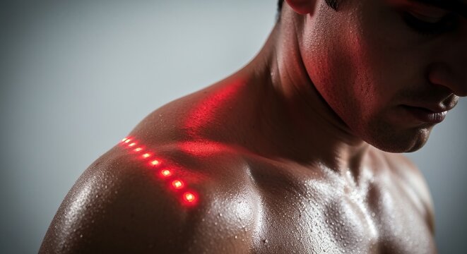 Athlete s shoulder undergoing deep red led light therapy for enhanced muscle recovery and relaxation