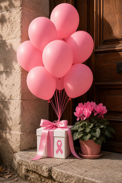 Matte pink balloons, satin ribbon and gift box with pink cyclamen plant on doorstep, autumn awareness gift