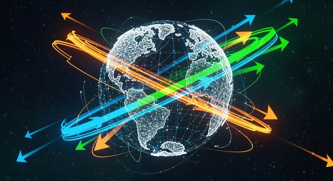 Illuminated mesh globe with arrows symbolizing global trade, e commerce, and digital connectivity