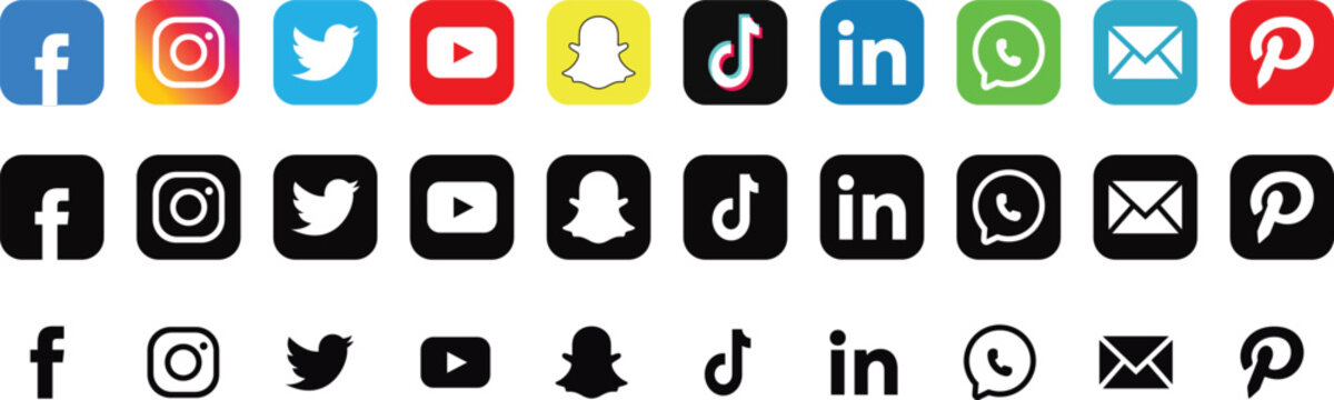 Set of popular social media and communication app icons including facebook instagram twitter youtube snapchat tiktok linkedin whatsapp and email