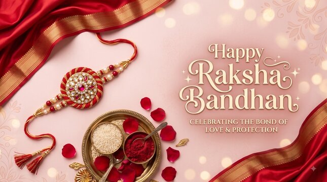 Raksha bandhan greeting card with traditional red rakhi and hindi script text
