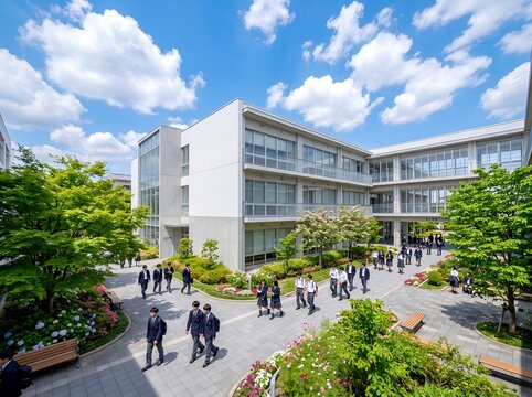 青空の下学校中庭で活気あふれる高校生たちの登下校風景