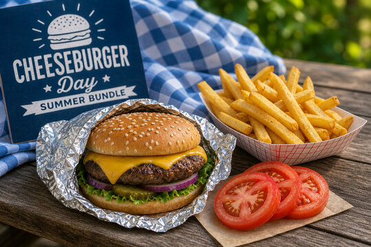 Foil-wrapped cheeseburger with fries and tomato on picnic bench, summer meal bundle concept