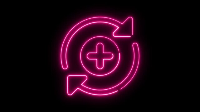 Neon pink refresh icon with plus sign. Glowing digital update symbol for UI design.