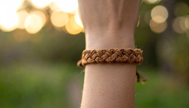 Close-up of a woven hemp bracelet on a person's wrist against a soft-focus outdoor background at sunset.