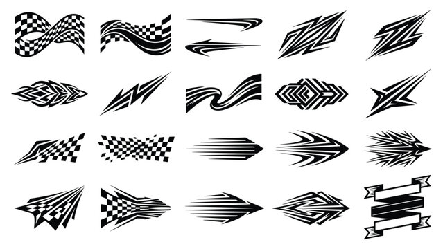 Racing car decals set with checkered flag speed stripes and vehicle vinyl graphic vector illustration
