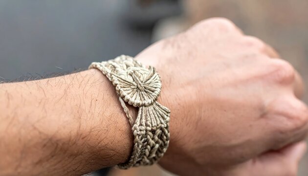 Close-up of a Handmade Macrame Bracelet on a Man's Wrist, Bohemian Style