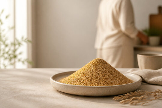 Golden-brown psyllium powder on ceramic dish with soft background, dietary fiber wellness concept