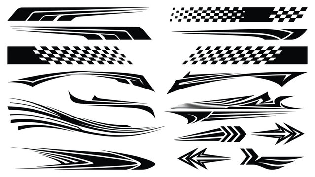 Car side vinyl graphics set with speed racing stripes vehicle body sticker vector illustration