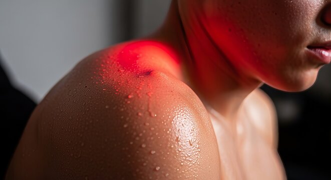 Close up of a sweaty athlete receiving red led light therapy for enhanced muscle recovery