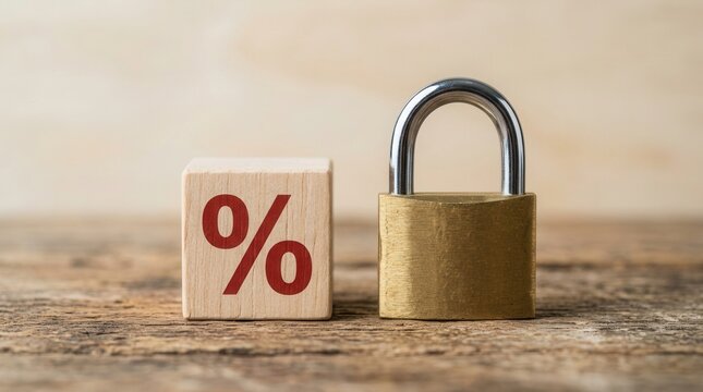 Secure finance illustrated by a padlock and percentage sign on a wooden block for fixed interest rate concept