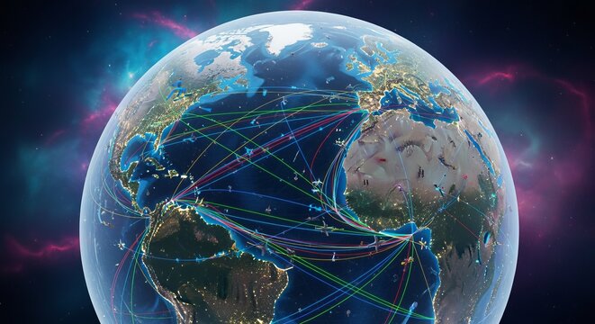 Large transparent globe with glowing trade routes connecting continents, symbolizing global business