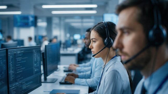 Dedicated IT support team working diligently at computers in a modern call center environment