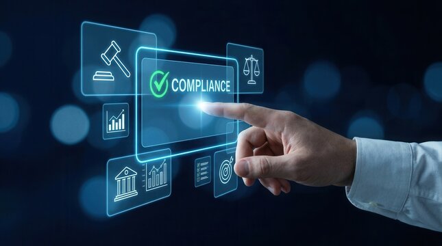 Hand touching an icon in a digital interface for a compliance concept, ensuring legal and regulatory standards
