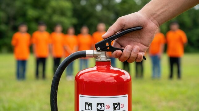 Hand activating fire extinguisher for safety demonstration in educational setting focused on fire prevention