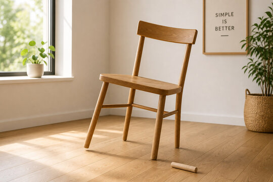 Misaligned wooden chair with crooked leg and unassembled dowel, DIY furniture assembly concept