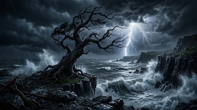Lightning striking over a dark stormy ocean with a lonely twisted tree on rocky cliffs at night