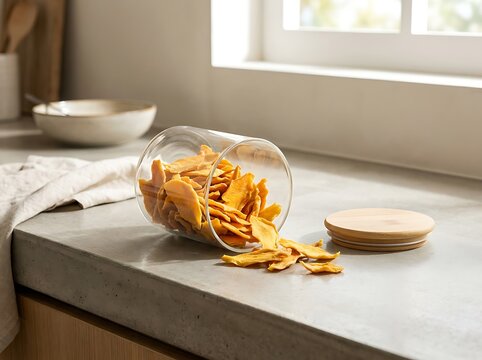 Glass jar spilling crunchy vegetable chips on a clean kitchen counter. dried mango flakes