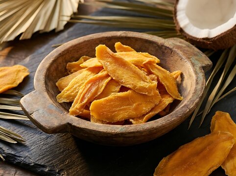 Dried mango slices in a wooden bowl on a dark rustic table with coconut and palm leaves. dried mango flakes