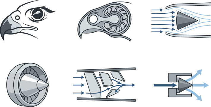 Biomimicry Aerospace Engineering Vector Set Comparing Peregrine Falcon Anatomy and Jet Engine Inlet Cone Aerodynamics Flow Diagrams and Technical Bionic Illustration Elements