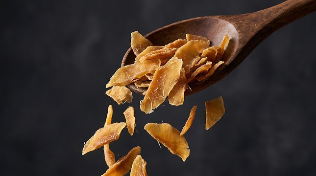 Fresh tuna fish chunks falling from a wooden spoon against a dark background. dried mango flakes