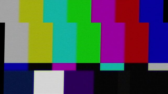 Retro television test pattern bars during broadcast interruption with digital glitch effect