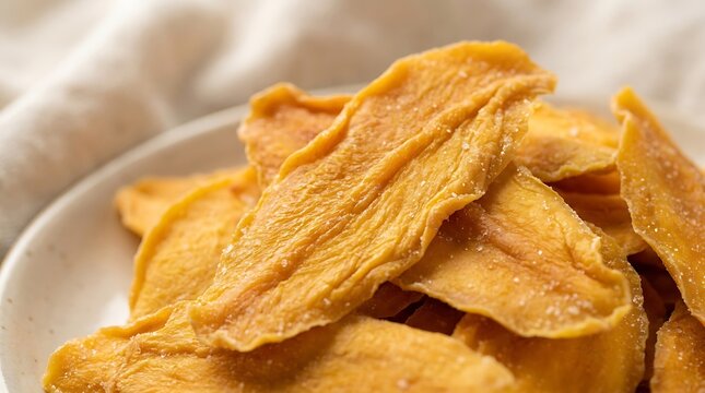 Crispy golden corn tortilla chips in a glass bowl for a snackdried mango flakes 