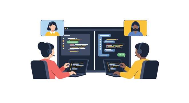 Software Developers Collaborating Remotely on Code Project Flat Vector Illustration