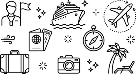 Travel and tourism vector line icon set featuring cruise ship airplane flight tour guide passport ticket suitcase compass camera and beach palm tree elements. © MSTKAOCHARA