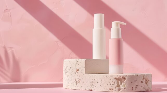 Mothers day skincare bottle mockup with pump and dispenser on textured stone pedestal against pink wall for product display or banner. Copy space