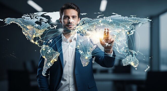 Businessman in suit presents global aviation network with flight routes and international travel