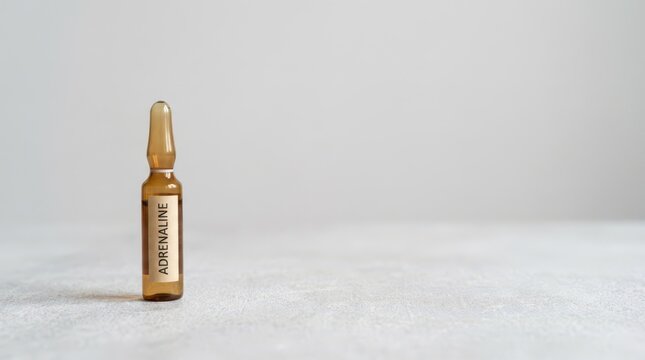 Single ampoule of adrenaline on neutral surface for emergency allergy treatment banner background and medical awareness design. Copy space