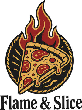 Hot pepperoni pizza slice with flames and dripping cheese in a circular emblem