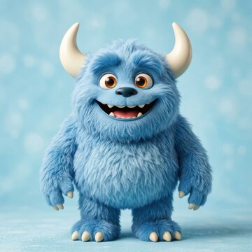 Cute blue furry monster with white horns standing.