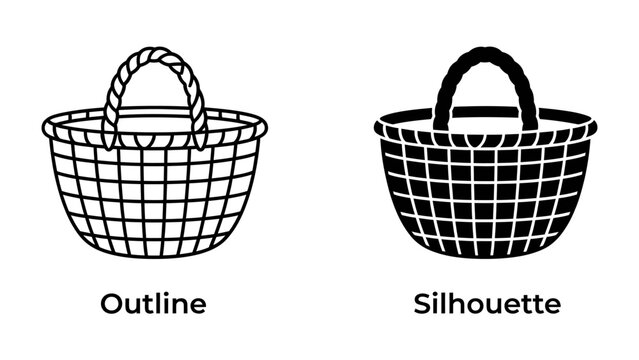 Woven Basket Icons: Two distinct representations of a woven basket, one as a clear outline and the other as a solid silhouette, offering versatile graphic elements for various design needs.