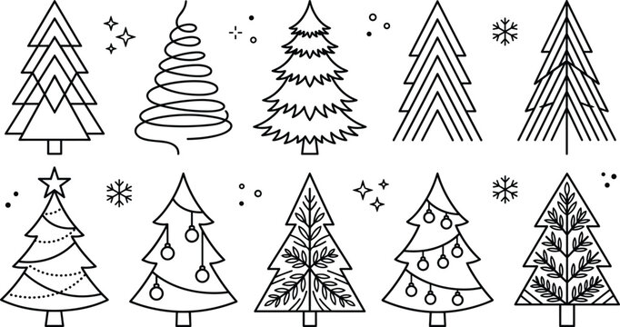 Christmas tree vector line art icon set featuring minimalist geometric festive pine fir trees with ornaments stars and snowflakes for holiday winter design.