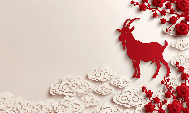 Silhouette of red goat with stylized clouds of good fortune (Xiangyun) and plum blossoms on white background. 2027 Year of the goat. Chinese New Year. Paper cut illustration for banner