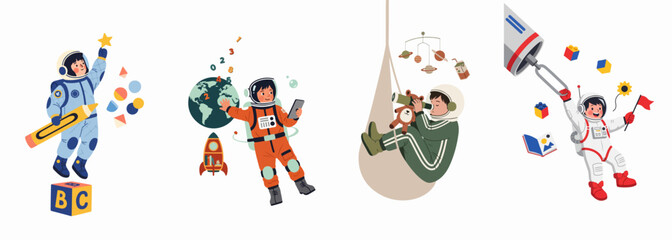 Set of creative illustrations featuring children in astronaut suits dreaming of space exploration, learning through play and imagination.