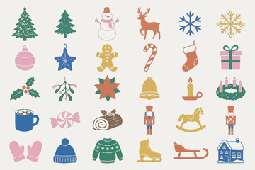 Fototapeta premium Winter and Christmas flat vector icon set. Linocut stamp style holiday elements, reindeer, snowmen, snowflakes, trees, and gifts. Festive seasonal graphic design asset pack. 