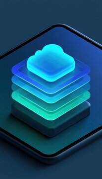Glowing cloud icon secured by stacked translucent layers on mobile device