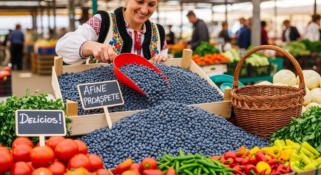 Freshly harvested blueberries at the market  a seller uses a red scoop in moldova s vibrant scene