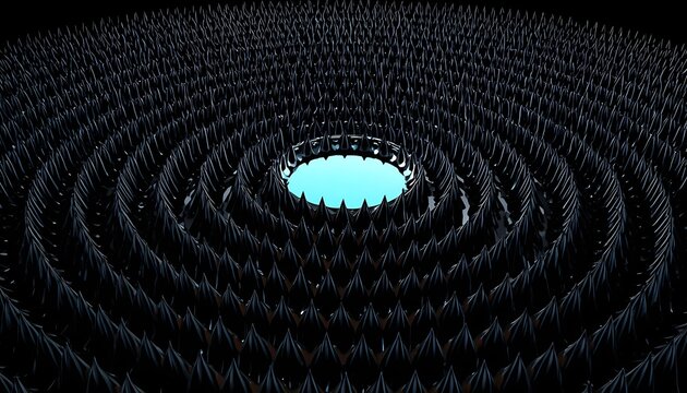 Extreme macro of concentric rings of sharp ferrofluid spikes forming a hypnotic geometric pattern.