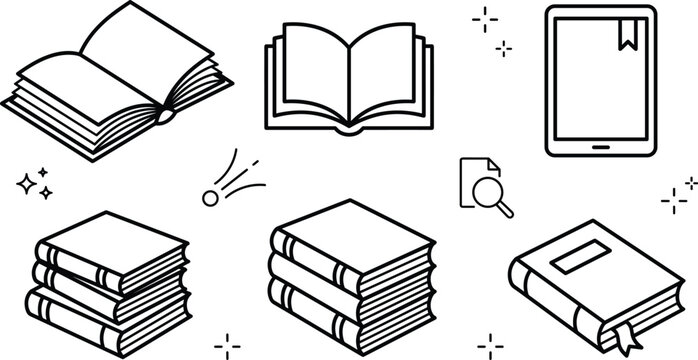 Education and reading line icon set featuring open books stacked textbooks digital tablet e-reader dictionary notebook and research magnifying glass vector elements.