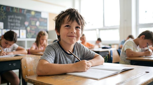 Young boy with Tourette syndrome sitting at desk writing in notebook in elementary classroom