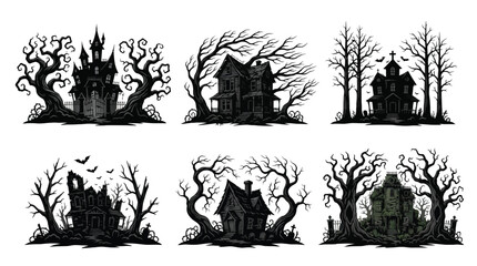 Fototapeta premium Set of spooky haunted houses and creepy trees in a detailed black and white halloween vector illustration collection