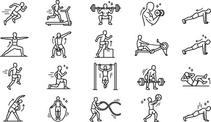 Fitness and gym workout line icon set featuring running treadmill bodybuilding weightlifting yoga kettlebell pullups jump rope and cardio exercise vectors. © MSTKAOCHARA